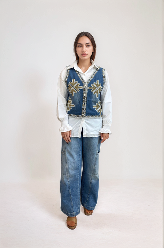 Embroidered Denim Fusion Vest