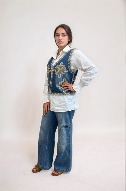 Embroidered Denim Fusion Vest