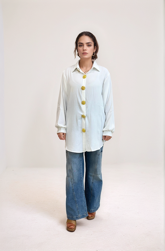 Crimson Flow Button-Down Shirt - White